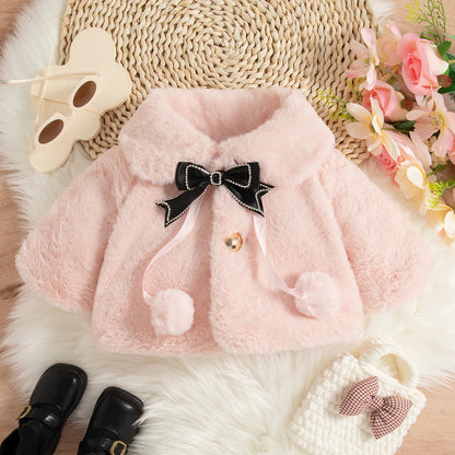 Winter Clothes Bow Solid Color Lapel Fleece-Lined Baby Girl