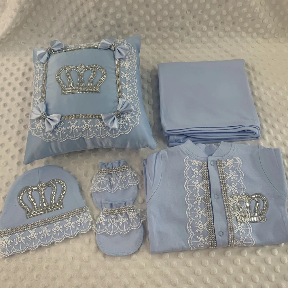 5pcs Baby Girl Outfits Set Welcome Home Hosptial Infant Receiving Blanket Pillow Bed Hat Mittens Romper Set