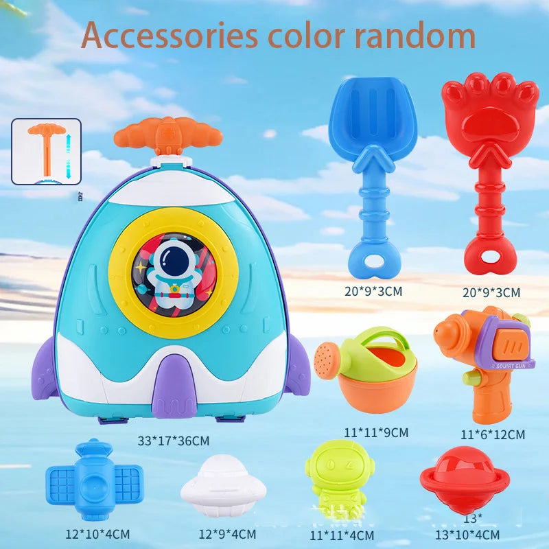 Kids Pull-Along Suitcase Beach Toys - Complete Astronaut Spaceship Sand Set with Bucket, Rake, Molds, Outdoor Beach Games