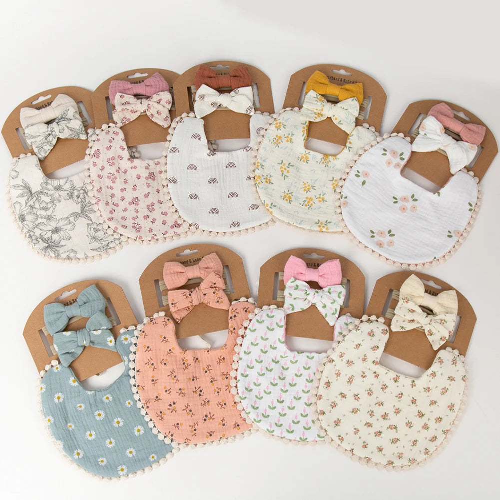 3-Piece Baby Bib & Headband Set, Double-Sided Feeding and Burp Cloth with Soft Nylon Bow Headbands