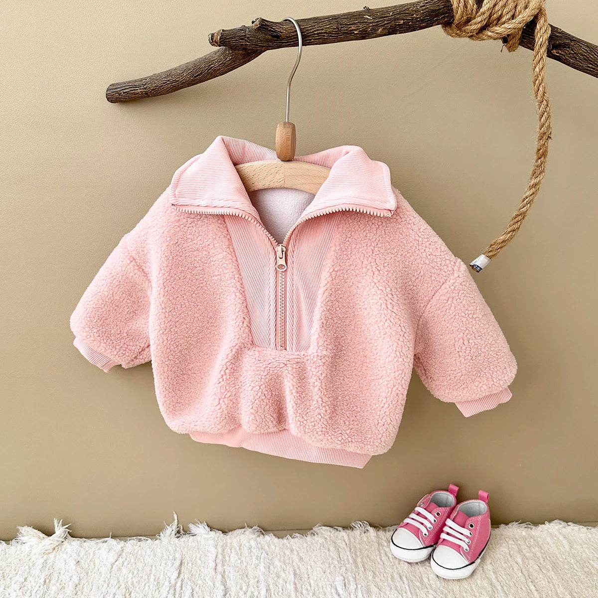 Winter Warm Baby Clothing Girls Coat Solid Half Zip Velvet Wool Jackets