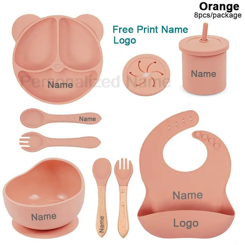 Silicone Sucker Bowl Plate Cup Bibs Spoon Fork Sets Personalized Name Children's Feeding Dishes Silicone Tableware Set For Kids
