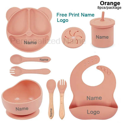 Silicone Sucker Bowl Plate Cup Bibs Spoon Fork Sets Personalized Name Children's Feeding Dishes Silicone Tableware Set For Kids