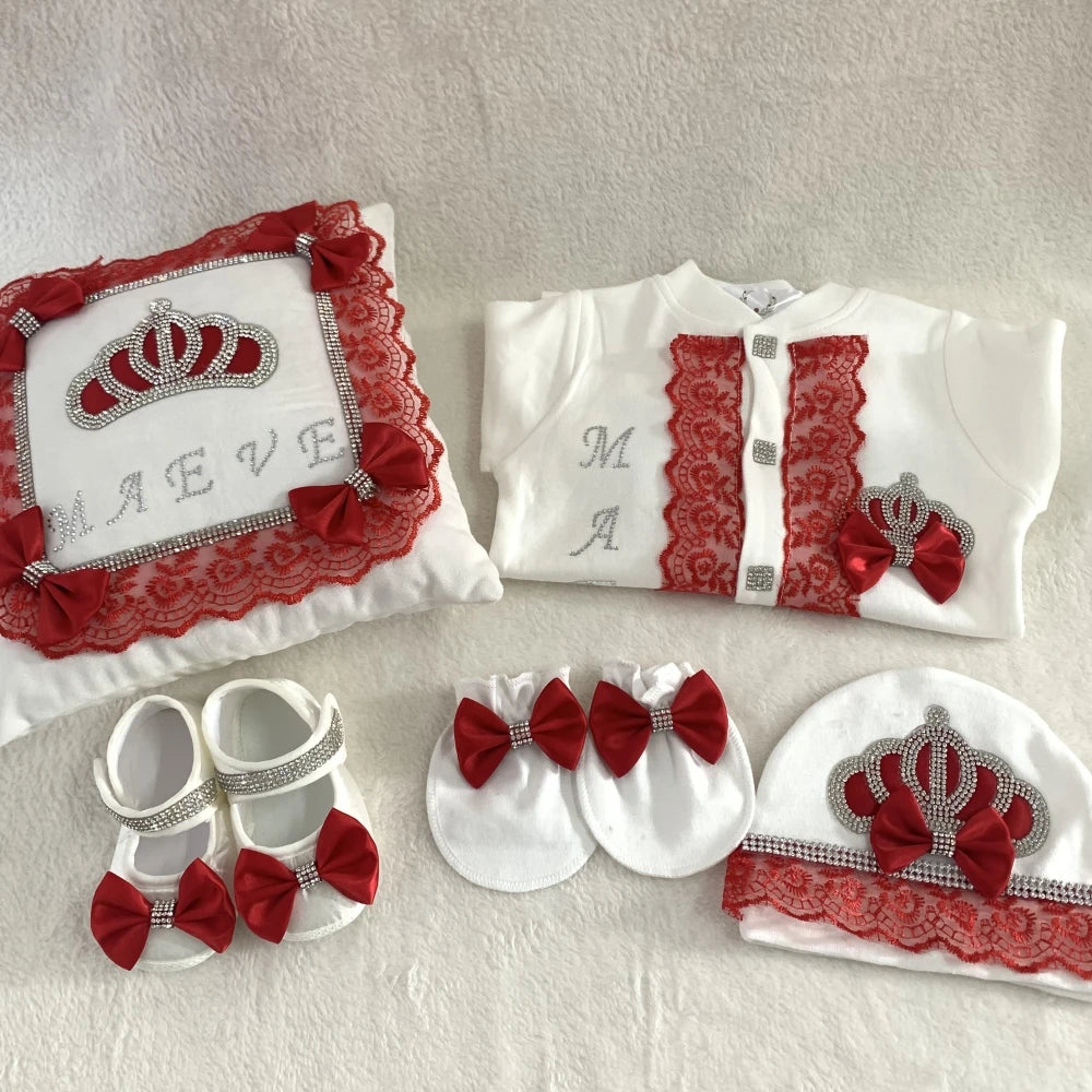 5pcs Baby Girl Outfits Set Welcome Home Hosptial Infant Receiving Blanket Pillow Bed Hat Mittens Romper Set
