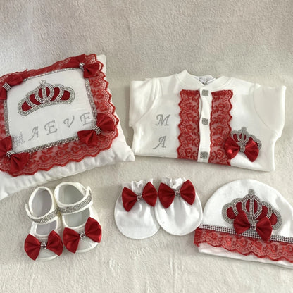 5pcs Baby Girl Outfits Set Welcome Home Hosptial Infant Receiving Blanket Pillow Bed Hat Mittens Romper Set