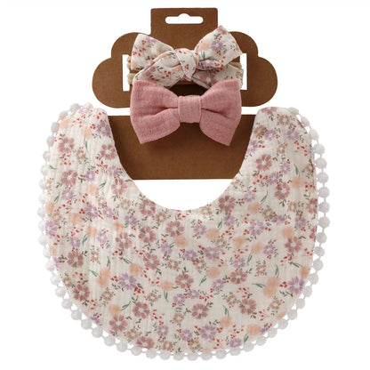 3Pcs/Set Cute Baby Girl Bibs Cotton Floral Infant Burp Cloth With Bow Headband Double Side Saliva Towel Newborn Accessories