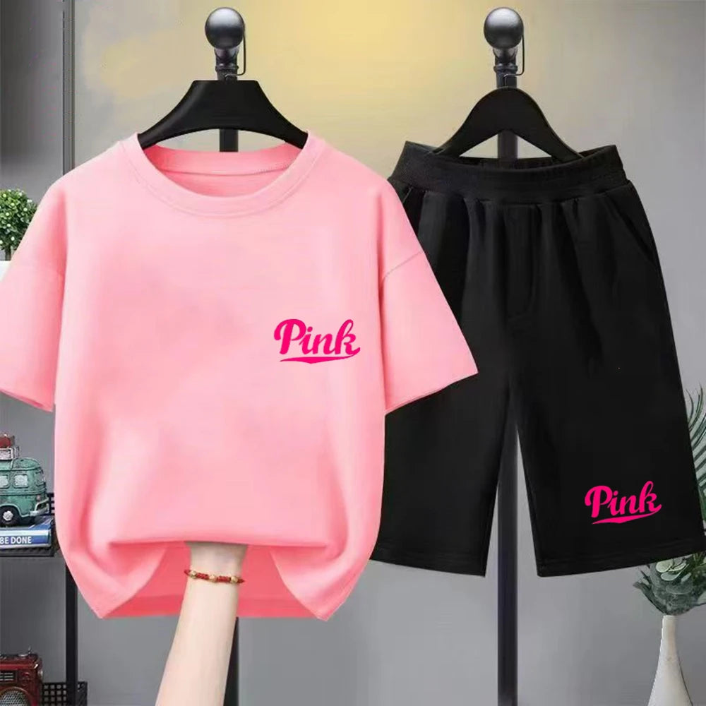 Kids Summer Girl Round Neck Black T-shirt+Shorts Short-sleeved Toddler 3-12Y Casual Sports Set Fashion Pink letter print