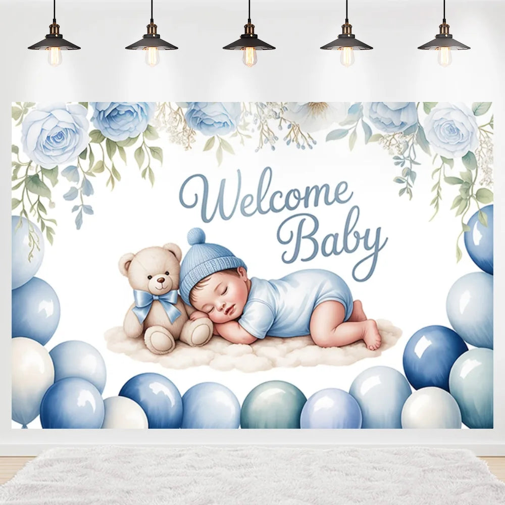 Welcome Baby Shower Newborn Background Decoration Girl Boy Birthday Party Backdrop Supplies Balloon Teddy Bear Photographic Prop