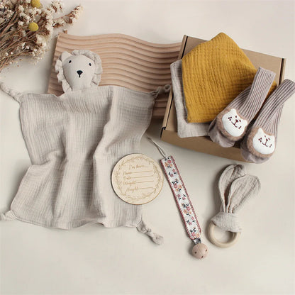 Customize The Name Newborn Gift Baby Cartoon Comfort Towel Baby Socks Mouthwash Towel Wash Box Newborn Bite Ring Headband Set