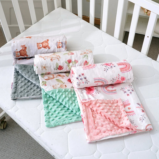 1PC Baby Blanket, Soft Plush Minky Blanket with Double Layer Dotted Backing for Toddler, Multicolor Printed 30 x 40 Inch
