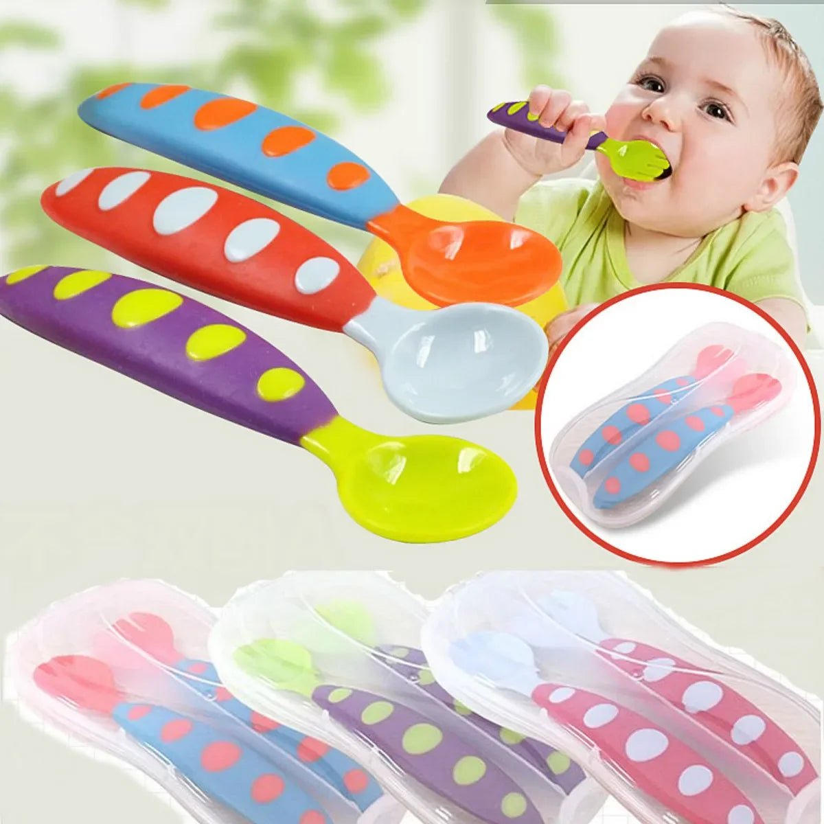 2pc Baby Spoon Fork Set Children Tableware Children Utensil Safety Tableware Infant Solid Feeding Flatware for Baby Feeding Bowl