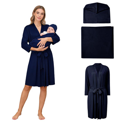 Maternity Robe Matching Baby Receiving Blanket Mommy Labor Delivery Night-robe with Swaddle Set Hospital Home Nursing Clothing