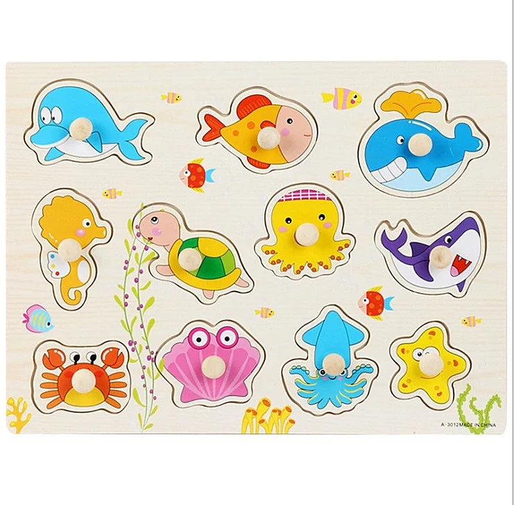 30cm Baby Toys Wooden Puzzle Hand Grab Board Educational Wood Puzzles for Kids Cartoon Animal Vehicle Child Gift