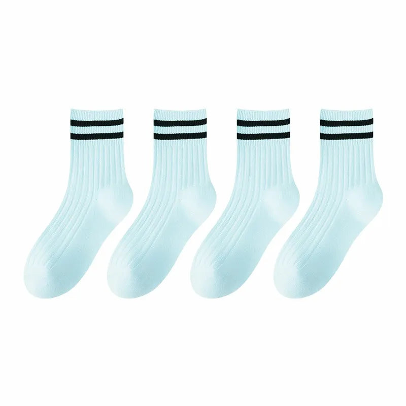 Kids Boys Girls Cotton Socks - Seamless Double Needle Ribbed 2-Stripe, All Season School Home Sports Socks