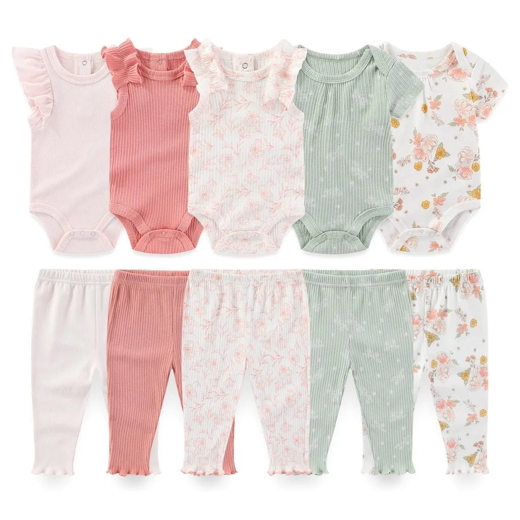 10Pcs Cartoon 100%Cotton Baby Girl & boy Clothes 0-12M Baby Clothes Sets Sleeveless