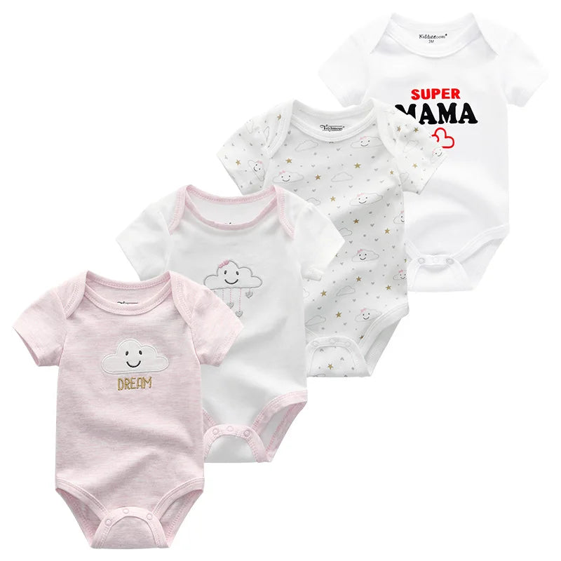 4-Piece Baby Romper Set, Soft Cotton Cartoon Print Short Sleeve Bodysuits for Newborn Boys and Girls (0–12M)