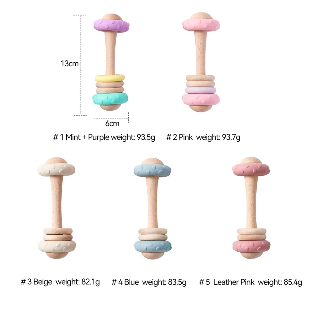 Baby Silicone Teething Toy – Upgraded Rattle, Natural Wood, Food Grade & Gnawable, Easy to Clean, Sensory Training for Infants