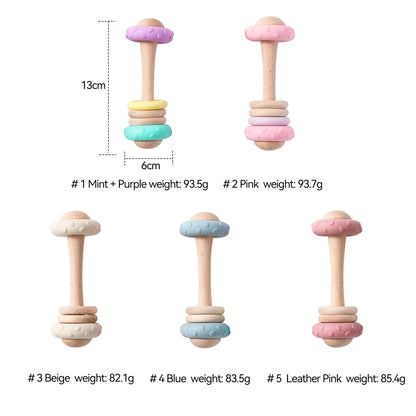 Baby Silicone Teething Toy – Upgraded Rattle, Natural Wood, Food Grade & Gnawable, Easy to Clean, Sensory Training for Infants