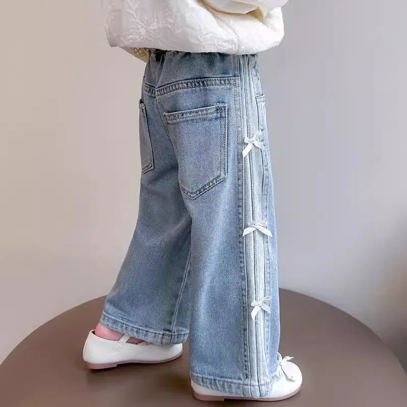 Girls Spring Jeans Kids Summer Bow Denim Pants Children's Straight Wide-leg Trousers Toddler Autumn Loose Clothing 2-8Y