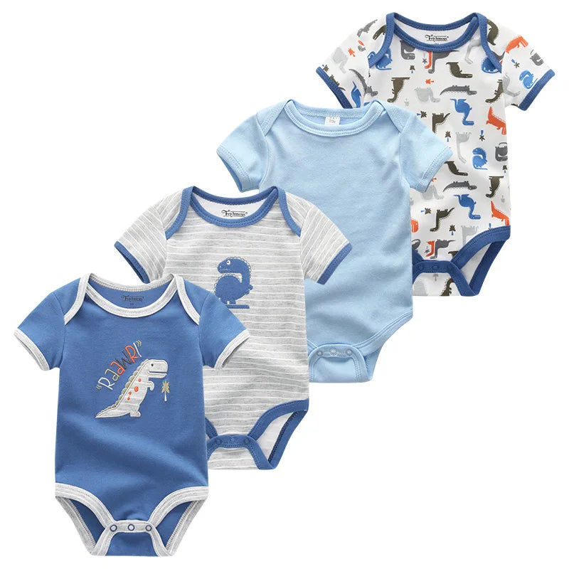 4-Piece Baby Romper Set, Soft Cotton Cartoon Print Short Sleeve Bodysuits for Newborn Boys and Girls (0–12M)