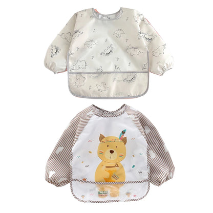 2pcs Waterproof Full Sleeve Baby Bibs Children Apron Long Sleeve Feeding Smock Kids Eating Breastplate Infant Scarf Clothing