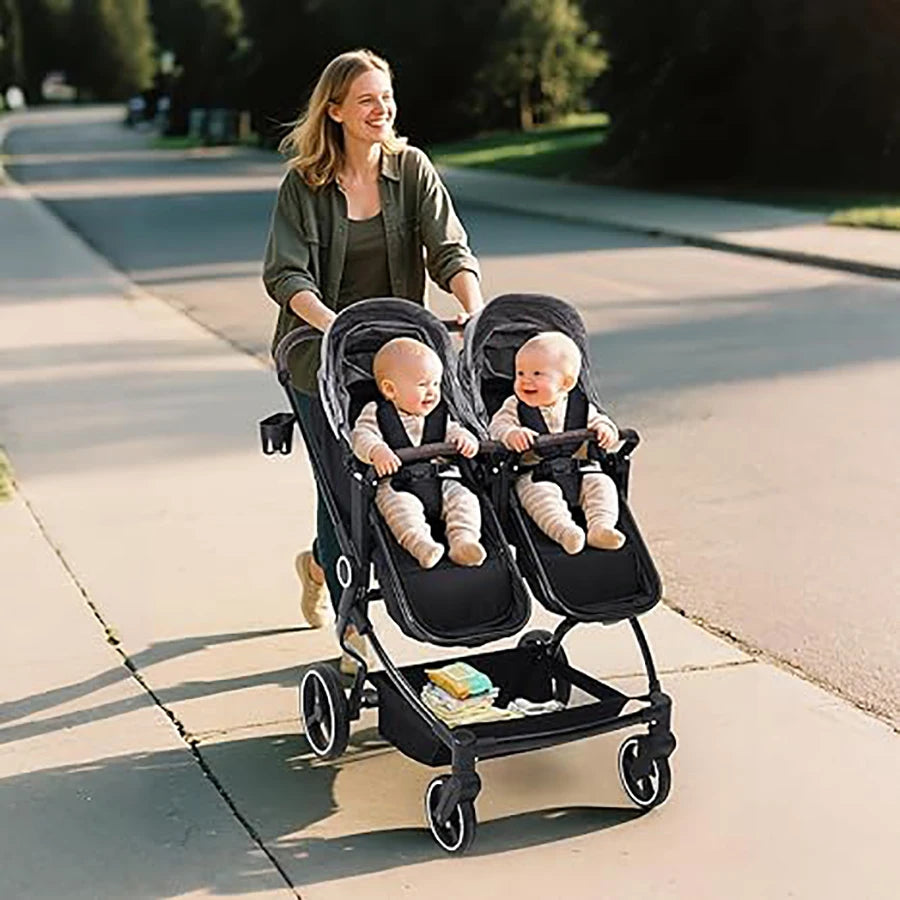 Double Stroller for Newborn and Toddler, Lightweight Tandem with Compact Fold and Adjustable Recline