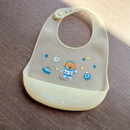 Waterproof Silicone Baby Bibs with Cute Cartoon Animal Prints, Adjustable Feeding Bib for Boys and Girls