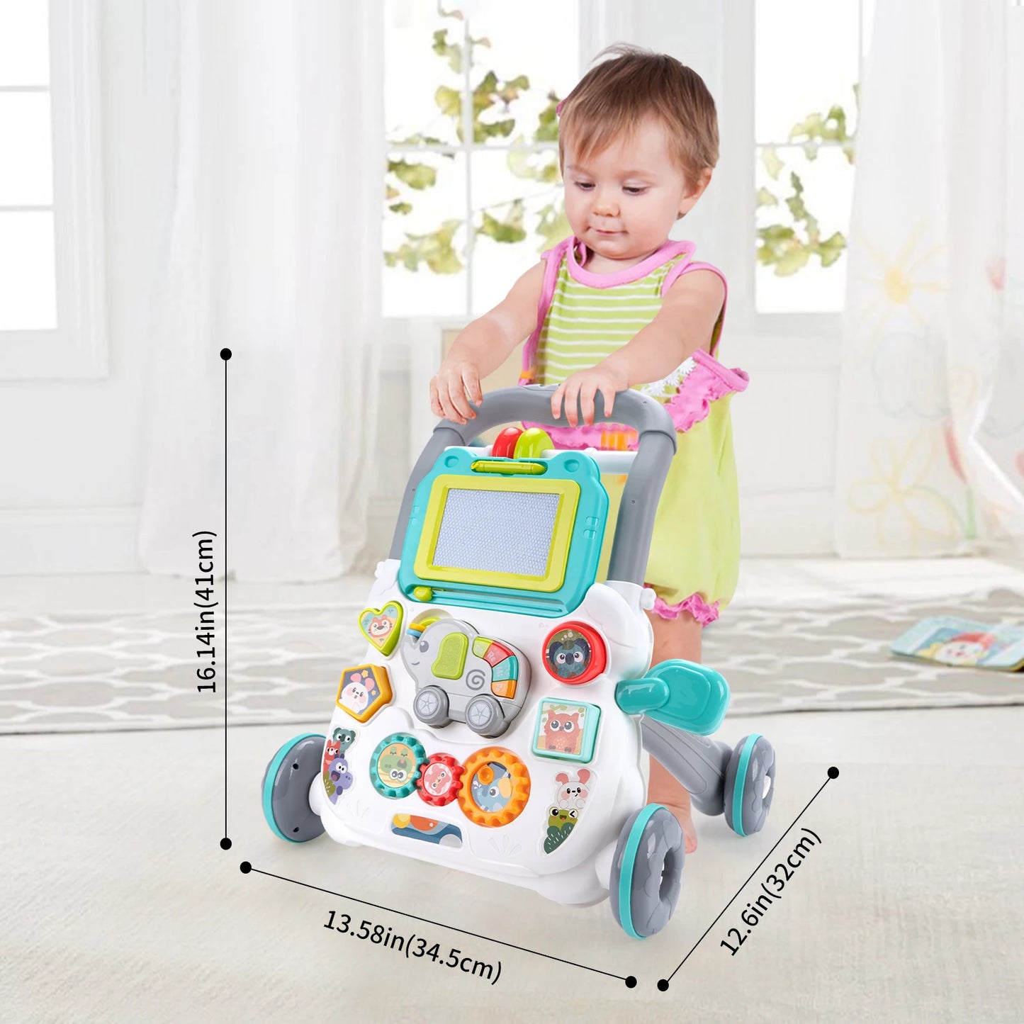 Cartoon Baby Push Walker Toy with Music Drawing Board Multifunction Activity Toddler Walker Learning Walk for 6M+ Infant