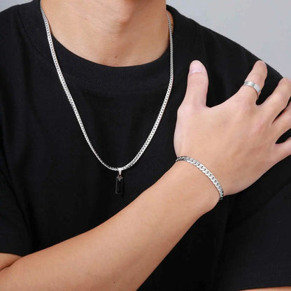 Stylish 3pcs Men's Flat Cuban Chain Jewelry Set,Stainless Steel Geometric Stone Pendent,Hip Hop Jewelry Gifts for Dad Son Him
