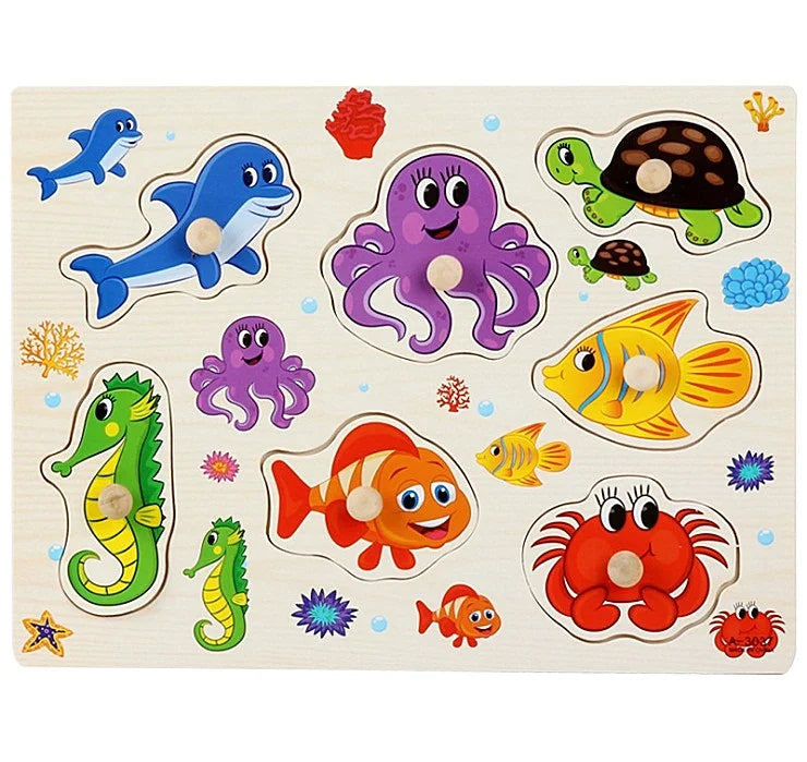30cm Baby Toys Wooden Puzzle Hand Grab Board Educational Wood Puzzles for Kids Cartoon Animal Vehicle Child Gift