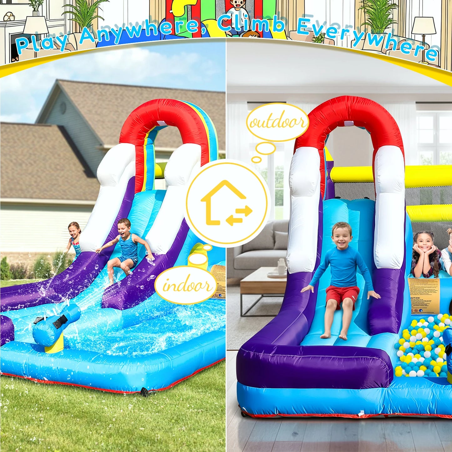 Oxford cloth 16ft 4.9m Inflatable Water Slide Bounce House w/ Splash Pool & 480W Blower