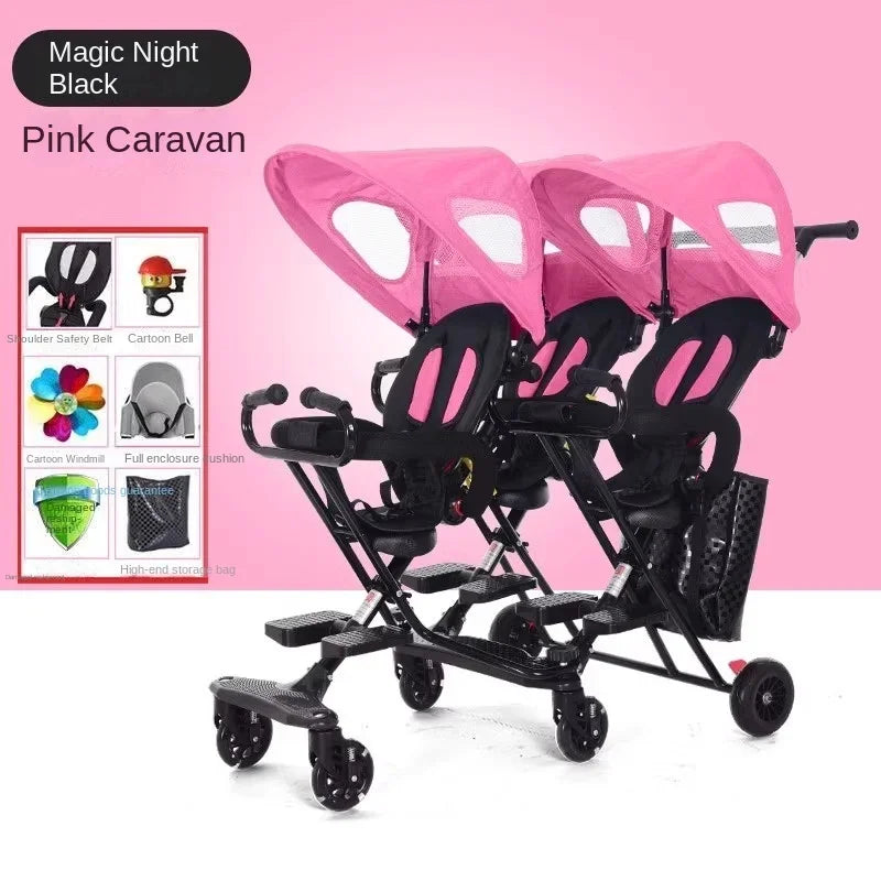 Triplet Stroller One-key Folding Detachable Universal Roller with Brake Anti-rollover Multiple Children Baby Stroller