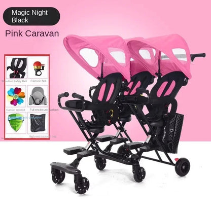 Triplet Stroller One-key Folding Detachable Universal Roller with Brake Anti-rollover Multiple Children Baby Stroller
