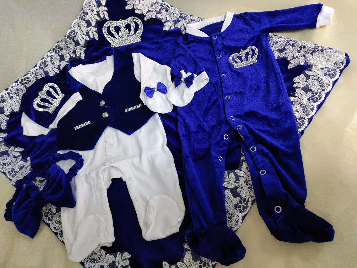 Royal Blue Velvet Baby Romper Outfits Set Welcome Home Nursery Infant Nest Luxury Crown Receiving Blanket Outfit Set