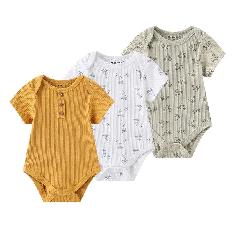Cotton Newborn Baby Boy Clothes 3Pieces Summer 0-12M Cartoon Baby Girl Clothes Print Bodysuits Short Sleeve