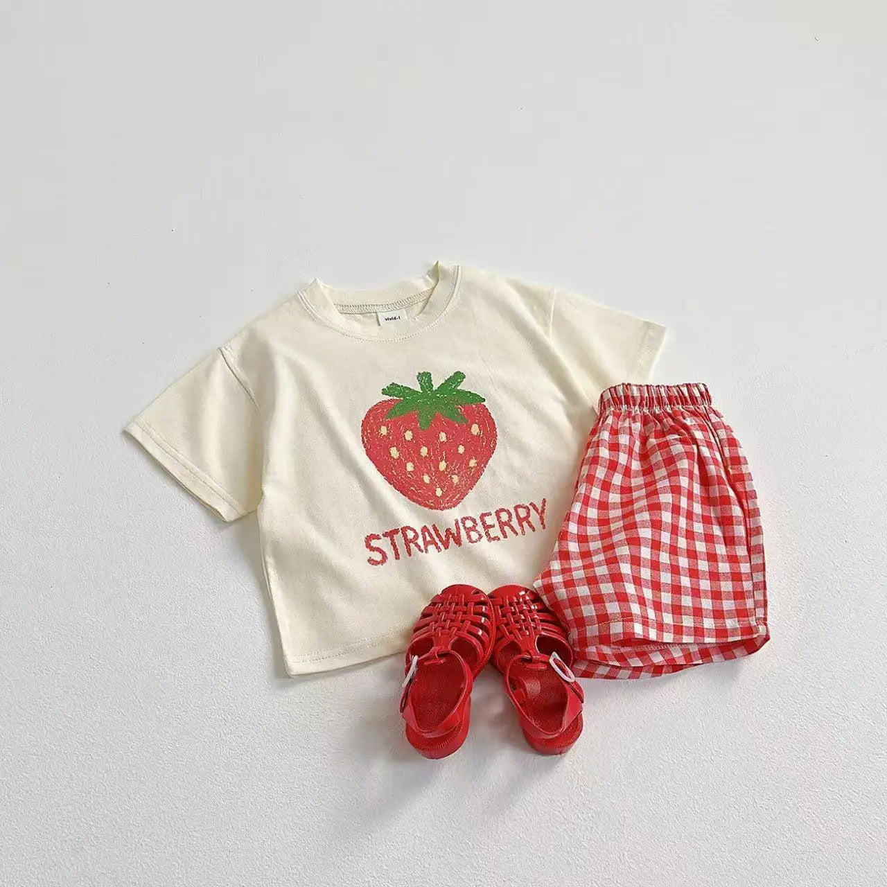 Fruit Pattern T-shirt Children's Clothes Summer Fashion Casual Short Sleeve Suit Tees + Plaid Shorts Kids Outfits