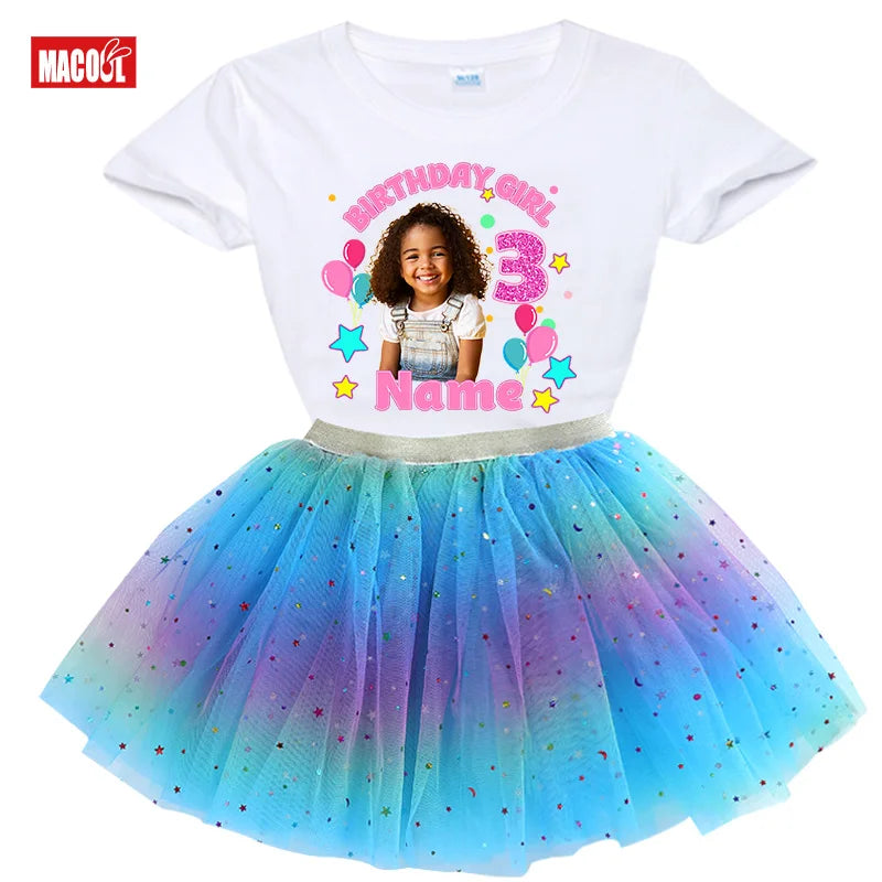 Custom Photo Birthday Girl Shirt And Tutu Set Girls' Party Dress Outfit with Name Personalization Child's Special Day Clothing