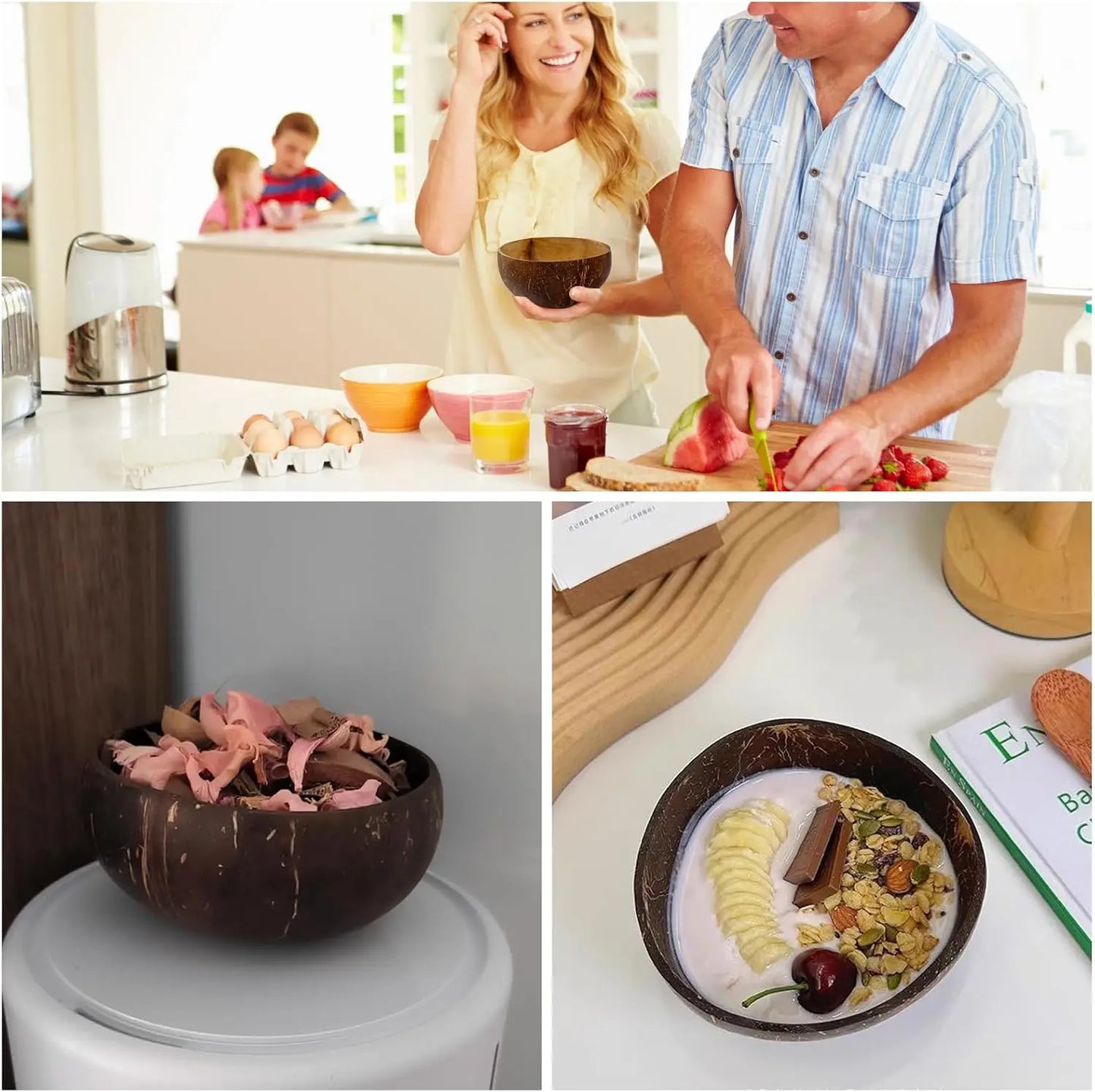 Polished Coconut Bowls and Wooden Spoon Sets Natural Coconut Salad Smoothie Bowls for Kitchen Women Gifts Decoration