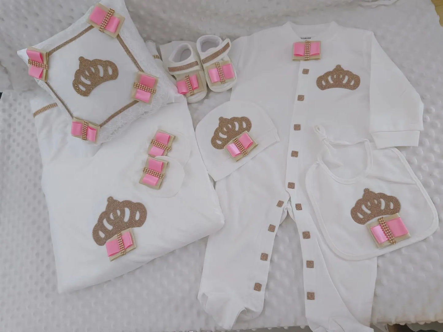 5pcs Baby Girl Outfits Set Welcome Home Hosptial Infant Receiving Blanket Pillow Bed Hat Mittens Romper Set