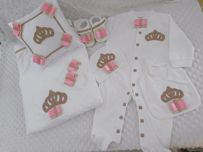 5pcs Baby Girl Outfits Set Welcome Home Hosptial Infant Receiving Blanket Pillow Bed Hat Mittens Romper Set