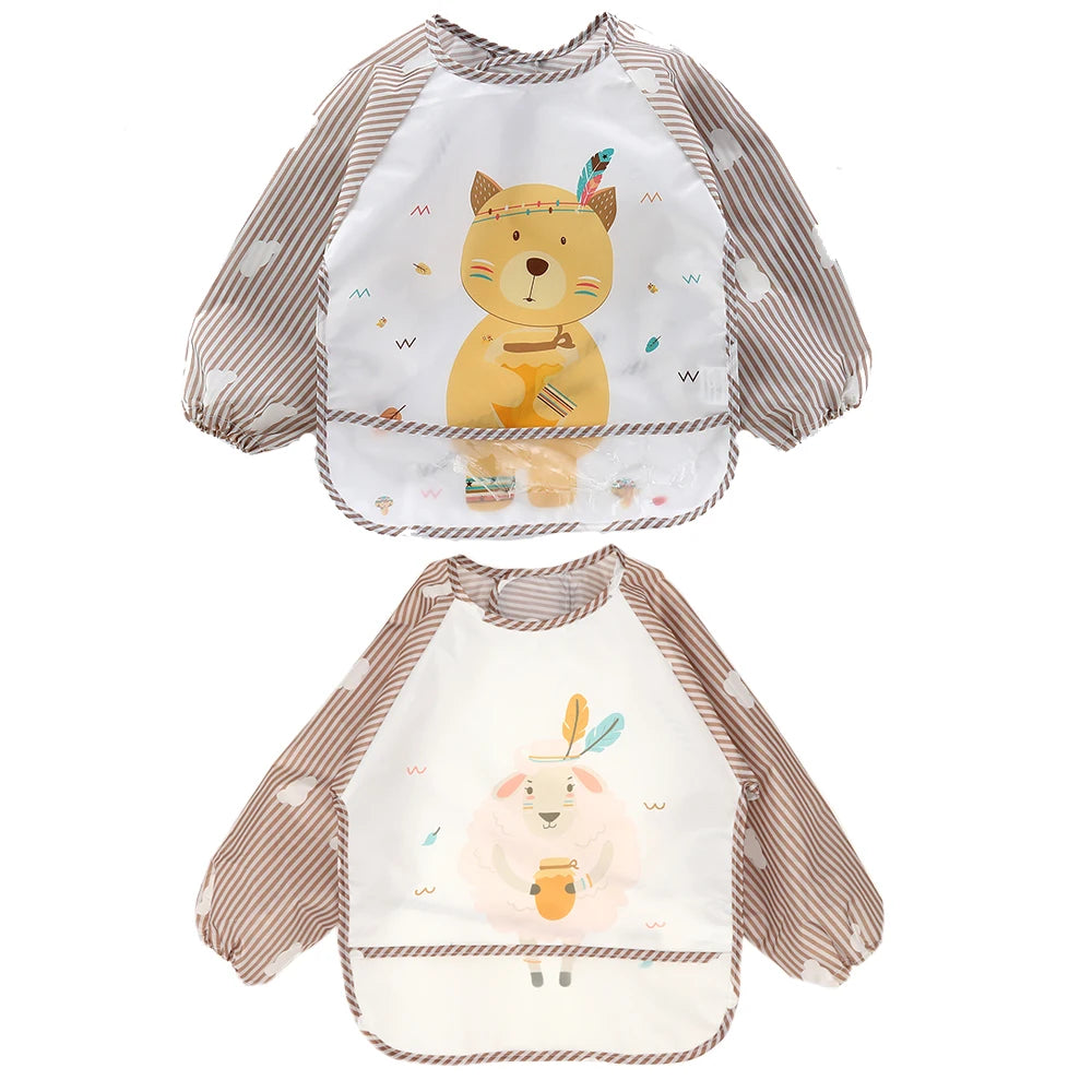 2pcs Waterproof Full Sleeve Baby Bibs Children Apron Long Sleeve Feeding Smock Kids Eating Breastplate Infant Scarf Clothing
