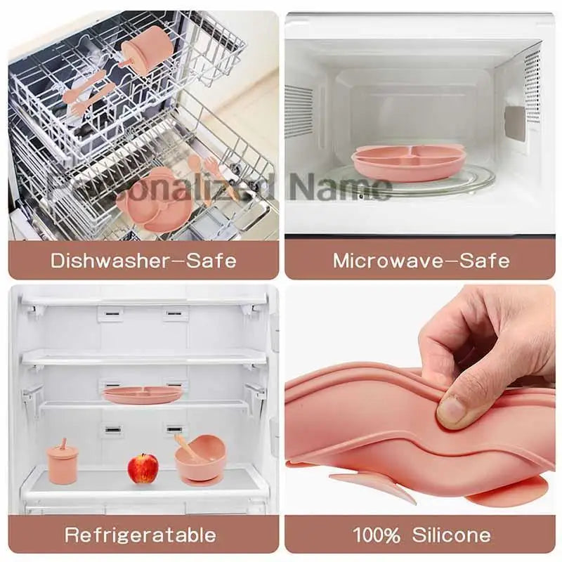 Silicone Sucker Bowl Plate Cup Bibs Spoon Fork Sets Personalized Name Children's Feeding Dishes Silicone Tableware Set For Kids