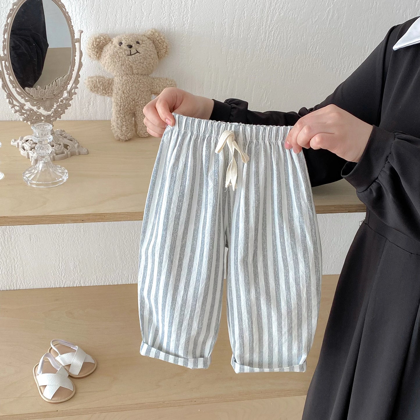 Spring Summer Boys Striped Loose Pants Baby Girl Vintage Casual Linen Cotton Harlan Pants Kids Lace-up Pant Children Clothing