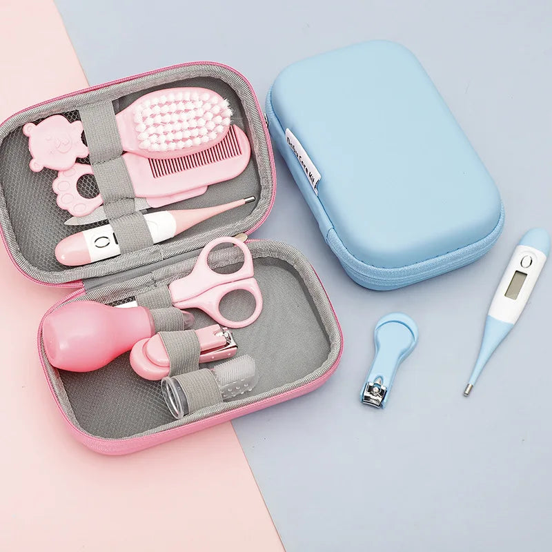 8PCS Baby Care Cleaning Set Nail Clippers Comb Head Massage Nasal Aspirator Thermometer Soft Bristle Brush Children Grooming Kit
