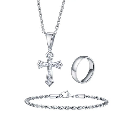 3pcs/set Men's Stylsh Cross Necklace Set,Stainless Steel Twistd Rope Chain Wristband,Cool Hip Hop Jewelry Set Gift