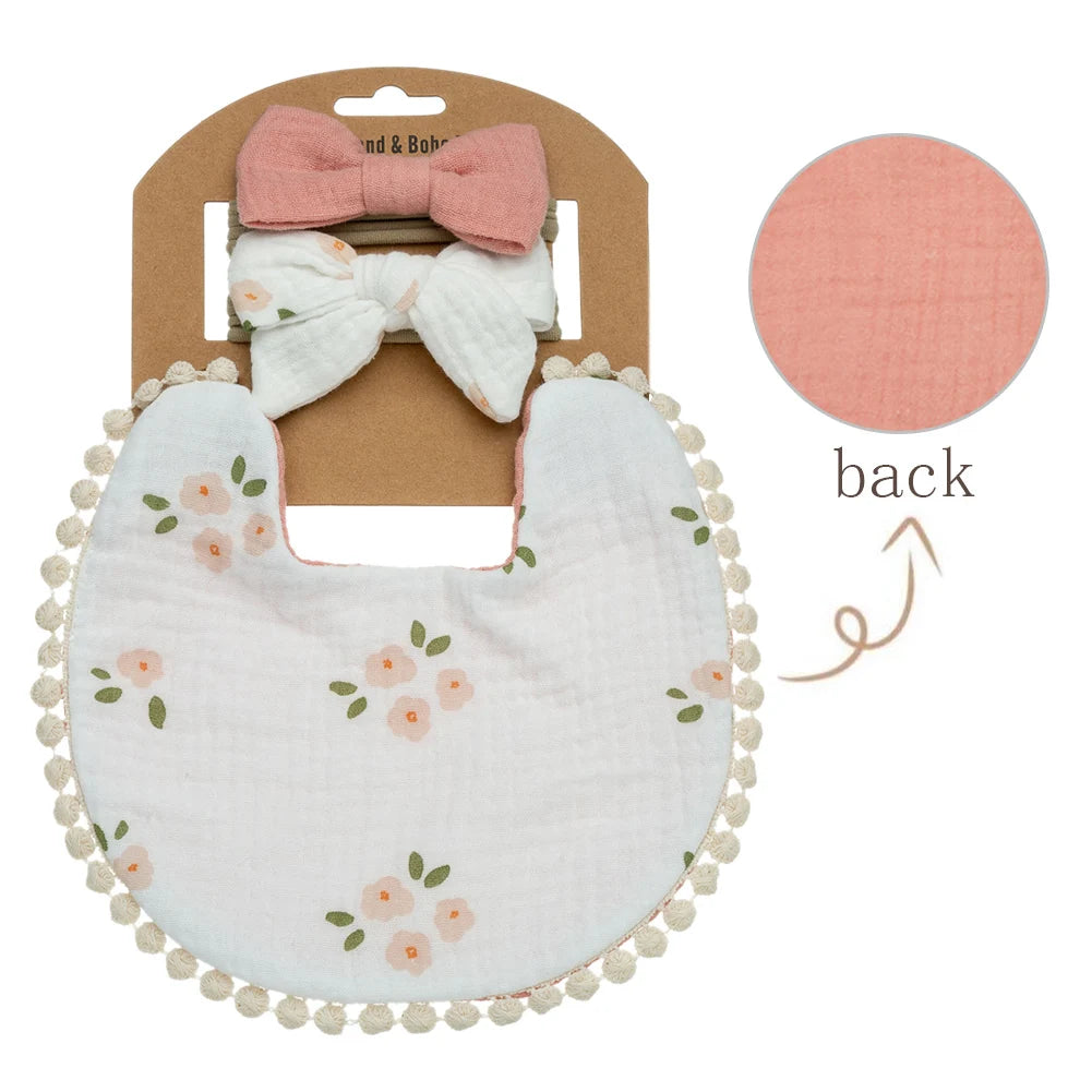 3-Piece Baby Bib & Headband Set, Double-Sided Feeding and Burp Cloth with Soft Nylon Bow Headbands
