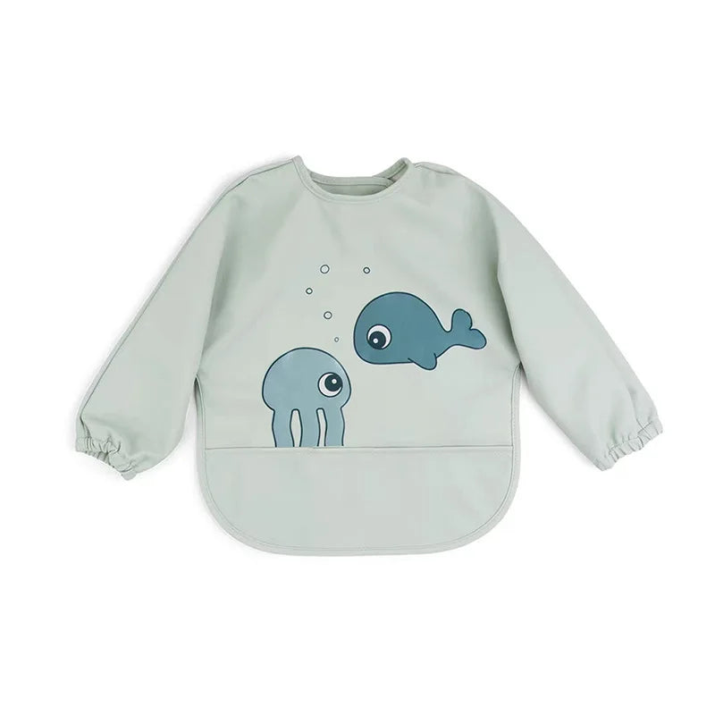 Baby Infant Eating Clothes PU Kids Smock Bib Long Sleeve Waterproof Food Pocket Easy to Clean