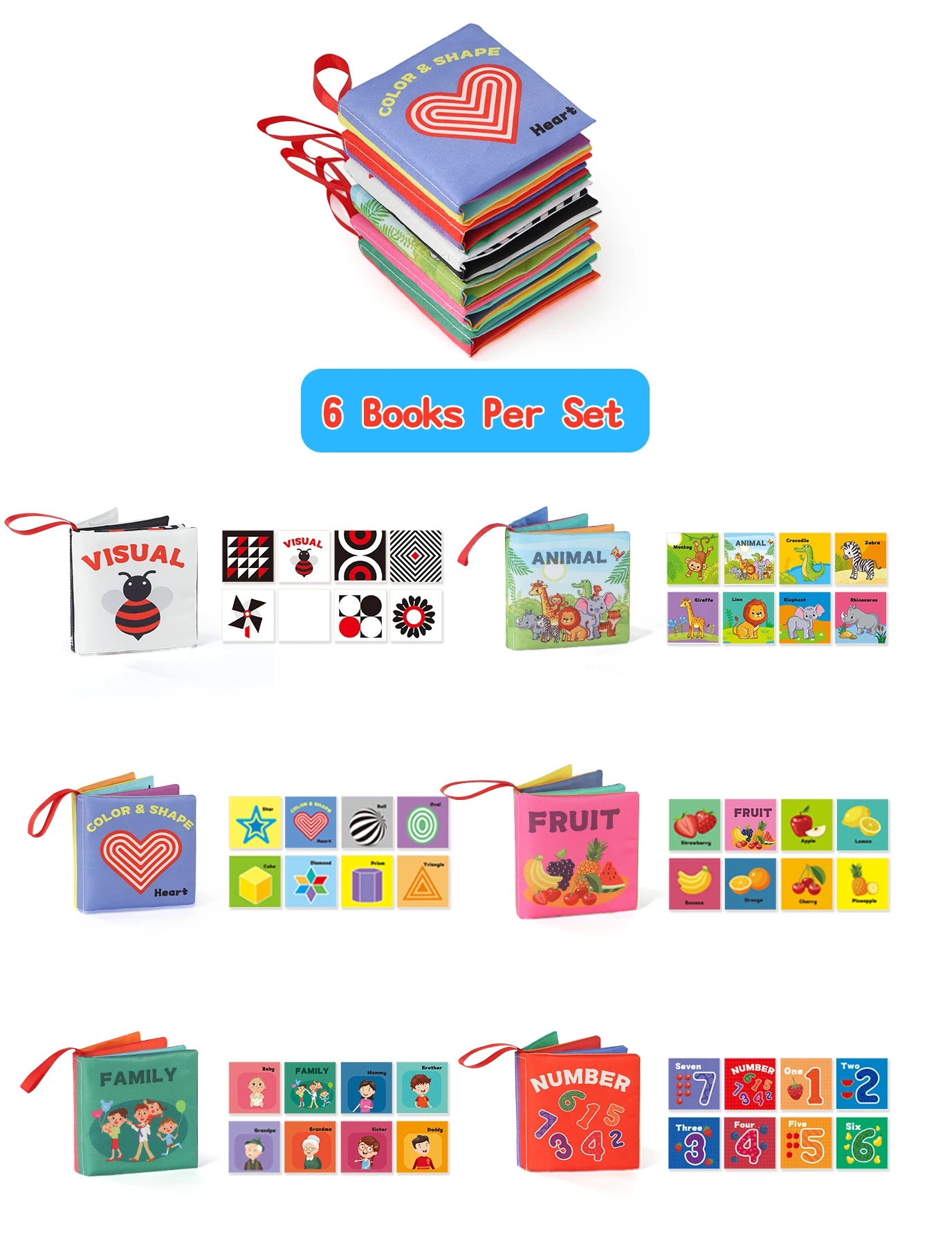 6Pcs Baby Cloth Books Set Non-Tearable Sensory Books for Early Learning Fruit Animal Number Cognition Toy 0-12 Months