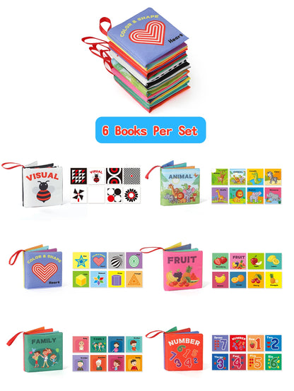 6Pcs Baby Cloth Books Set Non-Tearable Sensory Books for Early Learning Fruit Animal Number Cognition Toy 0-12 Months
