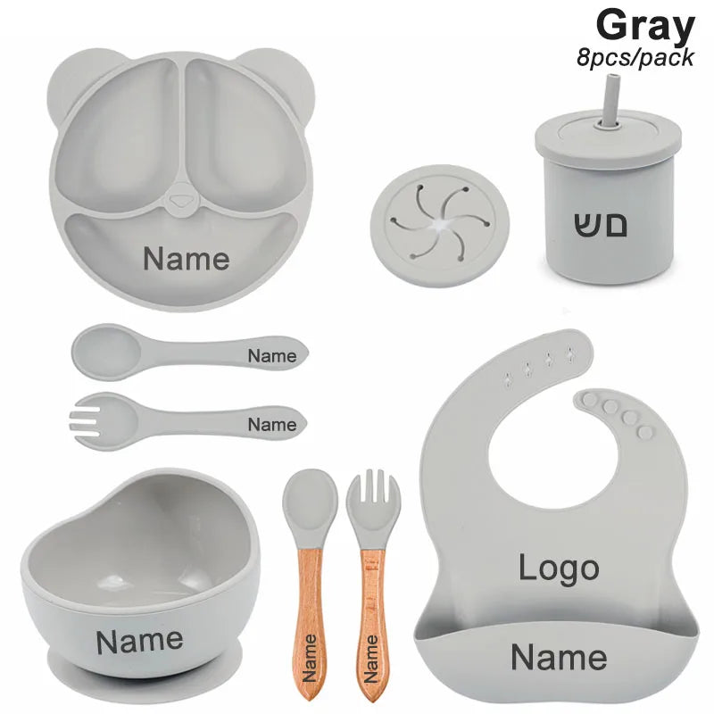 Silicone Sucker Bowl Plate Cup Bibs Spoon Fork Sets Personalized Name Children's Feeding Dishes Silicone Tableware Set For Kids